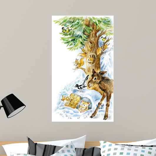 Animals under Fir Tree Wall Mural