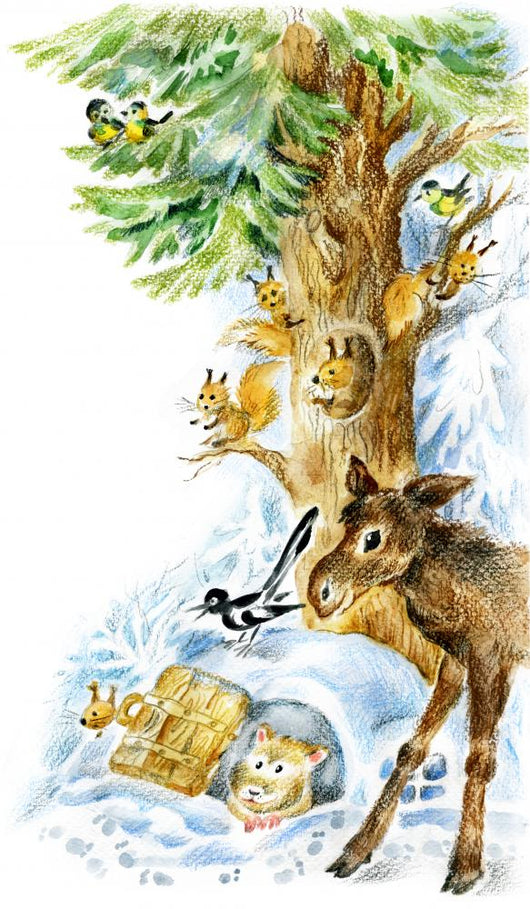 Animals under Fir Tree Wall Mural