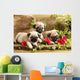 Pug Puppies and Flowers in Retro Backgraun Wall Mural