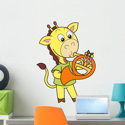 Cartoon Giraffe Playing French Wall Decal shown on a wall