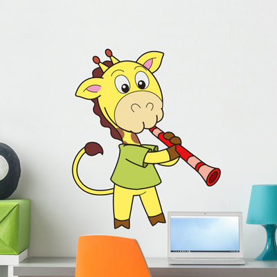 Cartoon Giraffe Playing Clarinet Wall Decal shown on a wall