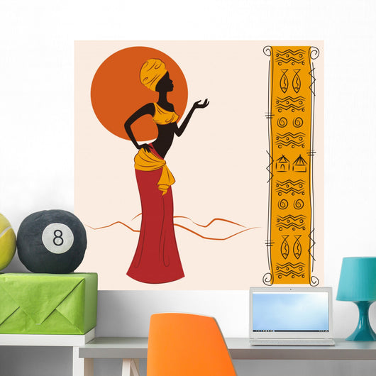 Beautiful African American woman and and ancient pattern Wall Mural
