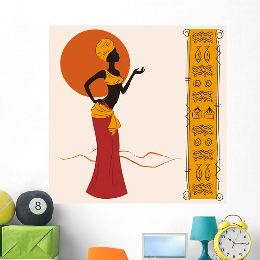 Beautiful African American woman and and ancient pattern Wall Mural