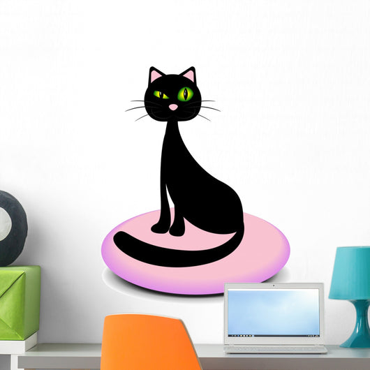 Elegant black cat sitting on a pink pillow Wall Decal