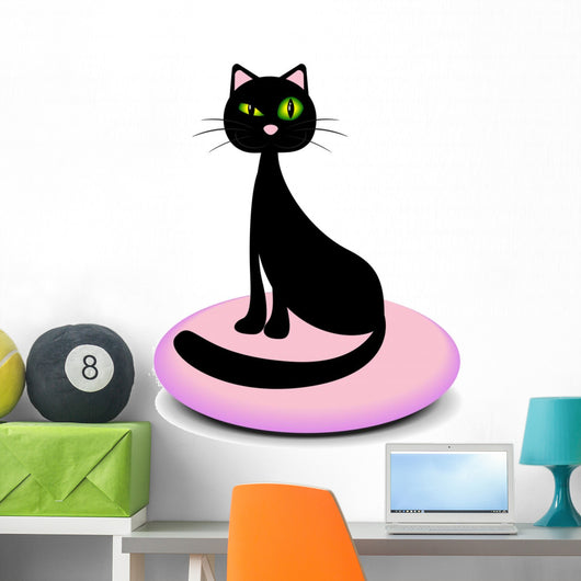 Elegant black cat sitting on a pink pillow Wall Decal