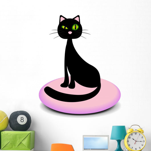 Elegant black cat sitting on a pink pillow Wall Decal
