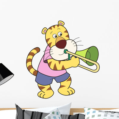 Cartoon Tiger Playing Trombone Wall Decal shown on a wall