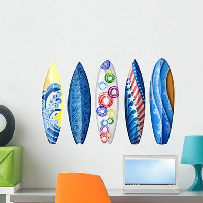 Blue Surfboard Wall Stickers shown on a wall