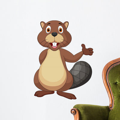 Cute Beaver Cartoon Waving Wall Decal shown on a wall