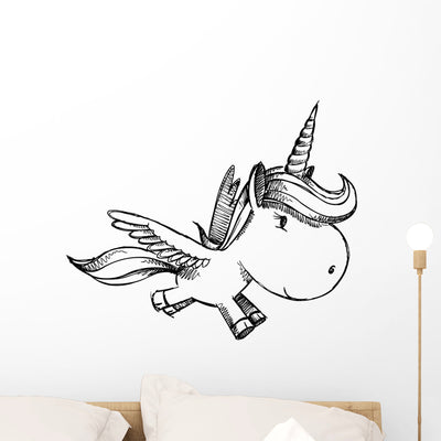 Sketch Doodle Unicorn Pegasus Wall Decal shown on a wall