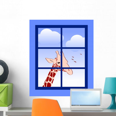 Giraffe outside Window Wall Mural shown on a wall