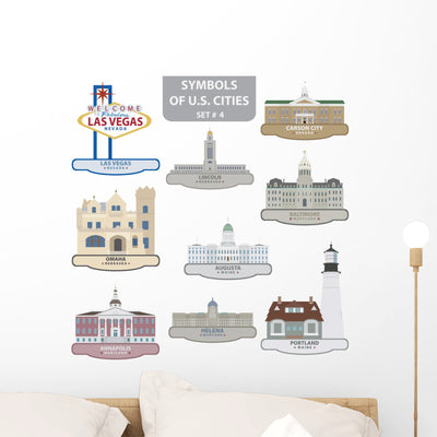 Symbols Us Cities Wall Stickers shown on a wall