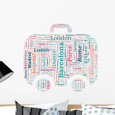 European Cities Bag Shaped Wall Decal shown on a wall