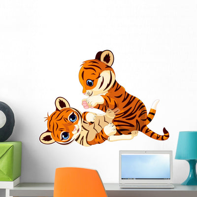 Cute Playful Tiger Cub Wall Decal shown on a wall