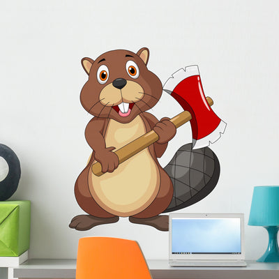Beaver Cartoon Holding Axe Wall Decal shown on a wall