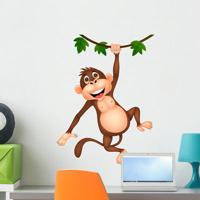 Cute Monkey Cartoon Hanging Wall Decal shown on a wall
