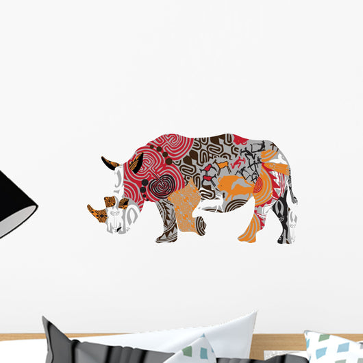 Silhouette Rhinoceros Ethnic Patterns Wall Mural
