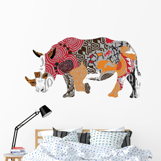 Silhouette Rhinoceros Ethnic Patterns Wall Mural