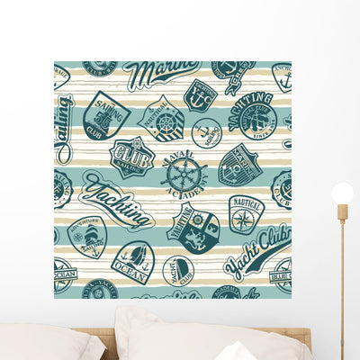 Nautical Badges Striped Wallpaper Tile shown on a wall