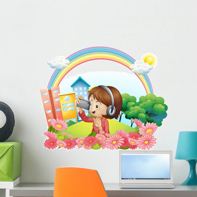 Girl with Headset and Wall Decal shown on a wall