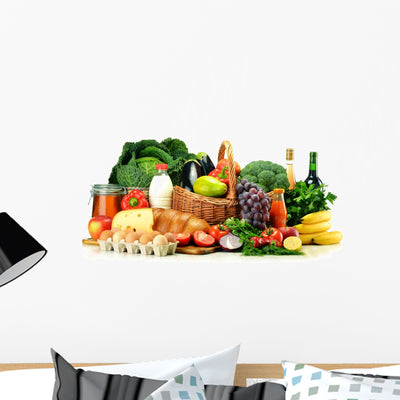 Grocery Products Including Vegetables shown on a wall