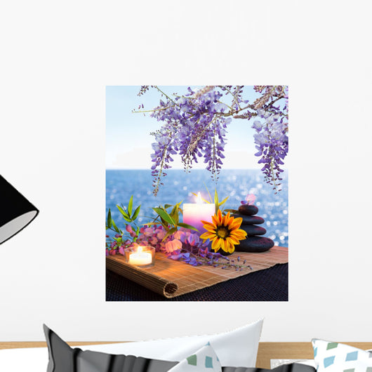 Massage stones, daisies and wisteria - seabed Wall Mural