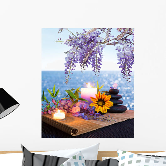 Massage stones, daisies and wisteria - seabed Wall Mural