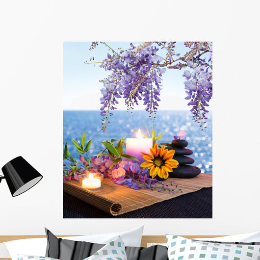 Massage stones, daisies and wisteria - seabed Wall Mural