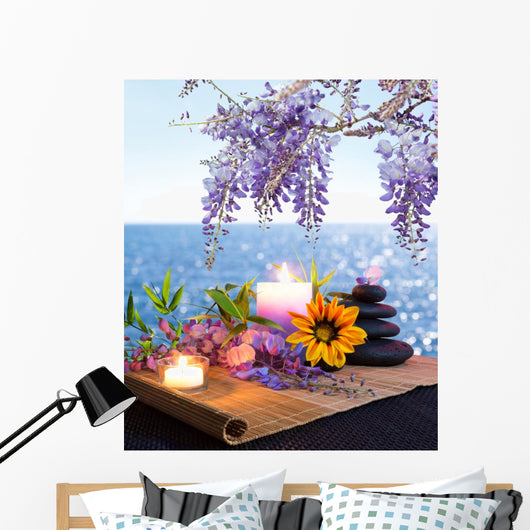 Massage stones, daisies and wisteria - seabed Wall Mural