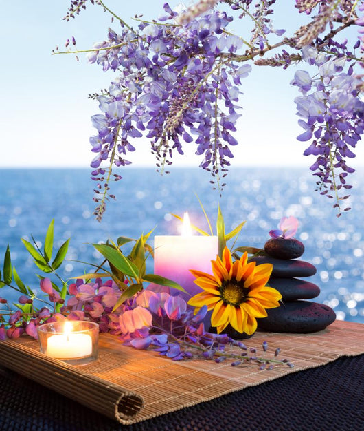Massage stones, daisies and wisteria - seabed Wall Mural