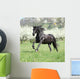 Gorgeous friesian mare running in front of flowering trees Wall Mural
