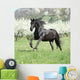 Gorgeous friesian mare running in front of flowering trees Wall Mural