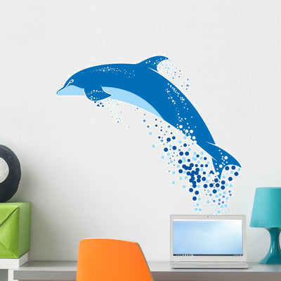Blue Dolphin Jumping Water Wall Decal shown on a wall