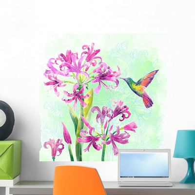 Exotic Flowers and Birds Wall Mural shown on a wall