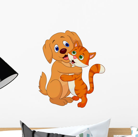 Cute Dog and Cat Embracing Each Other Wall Decal