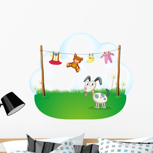 A Puppy near the Hanging Baby Clothes Wall Decal