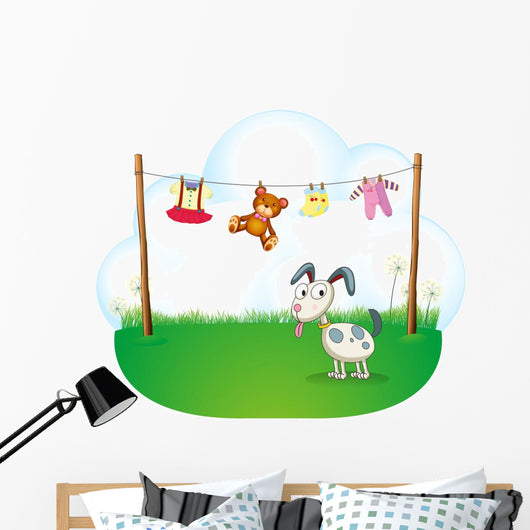 A Puppy near the Hanging Baby Clothes Wall Decal