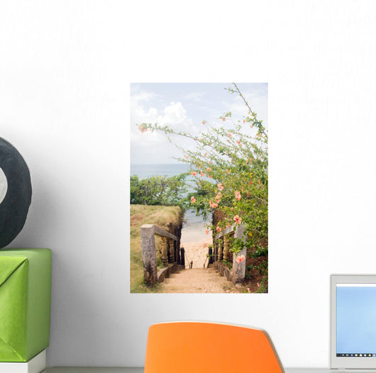 stairway entry to sandy beach  flowers Caribbean Sea Little Corn Wall Mural