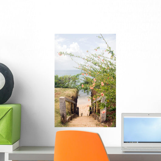 stairway entry to sandy beach  flowers Caribbean Sea Little Corn Wall Mural