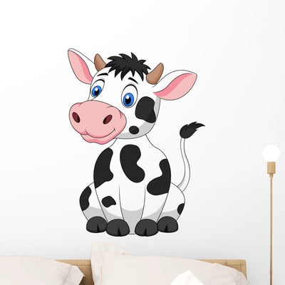 Cute Cow Cartoon Sitting Wall Decal shown on a wall