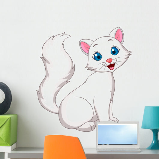 Cute white cat sitting Wall Decal