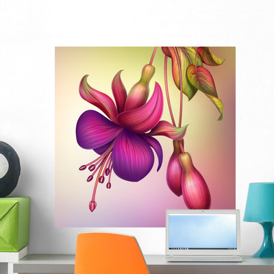 Fuchsia Flower Macro Illustration Wall Mural shown on a wall