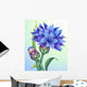illustration of cornflower with green leaves isolated Wall Mural