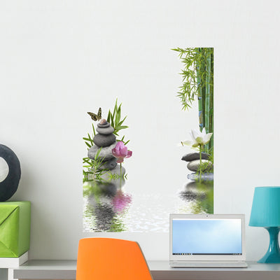Zen Bamboo Lotus Wall Decal shown on a wall