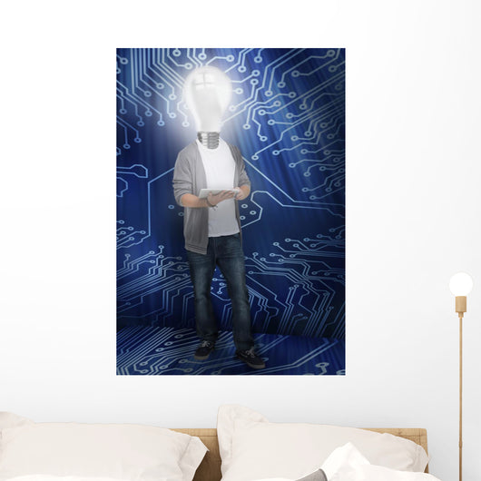 Student with light bulb head lighting Wall Mural