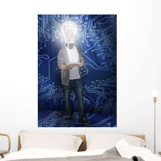 Student with light bulb head lighting Wall Mural