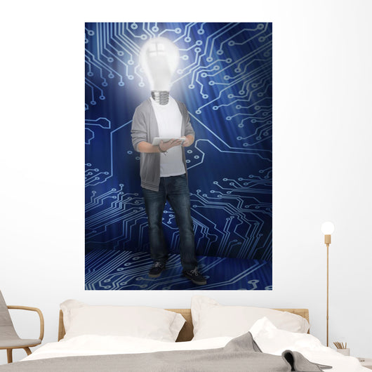 Student with light bulb head lighting Wall Mural