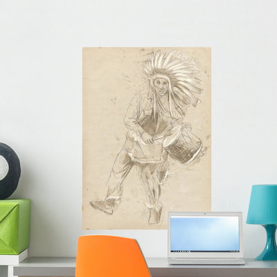 Indian Chief Plays Drum Wall Mural shown on a wall