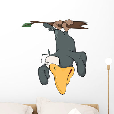 Raven Hanging up Feet Wall Decal shown on a wall