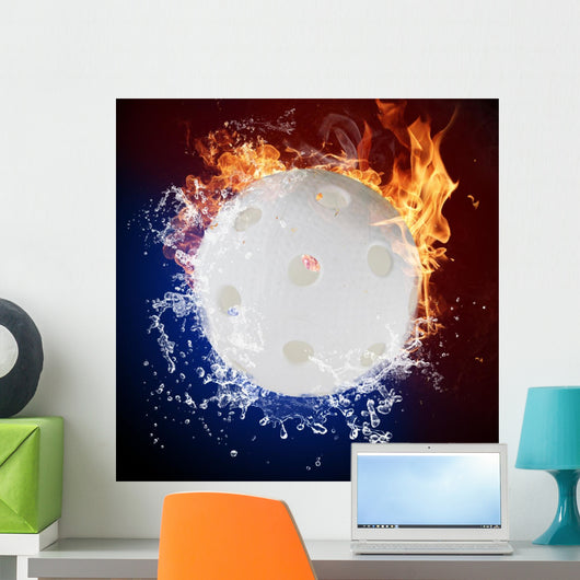 Floorball in fire flames and water splashes Wall Mural